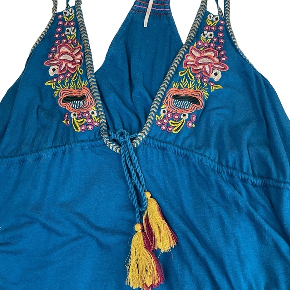 Free People Lovers Cove Embroidered Turquoise Mini Dress Large - Picture 12 of 16